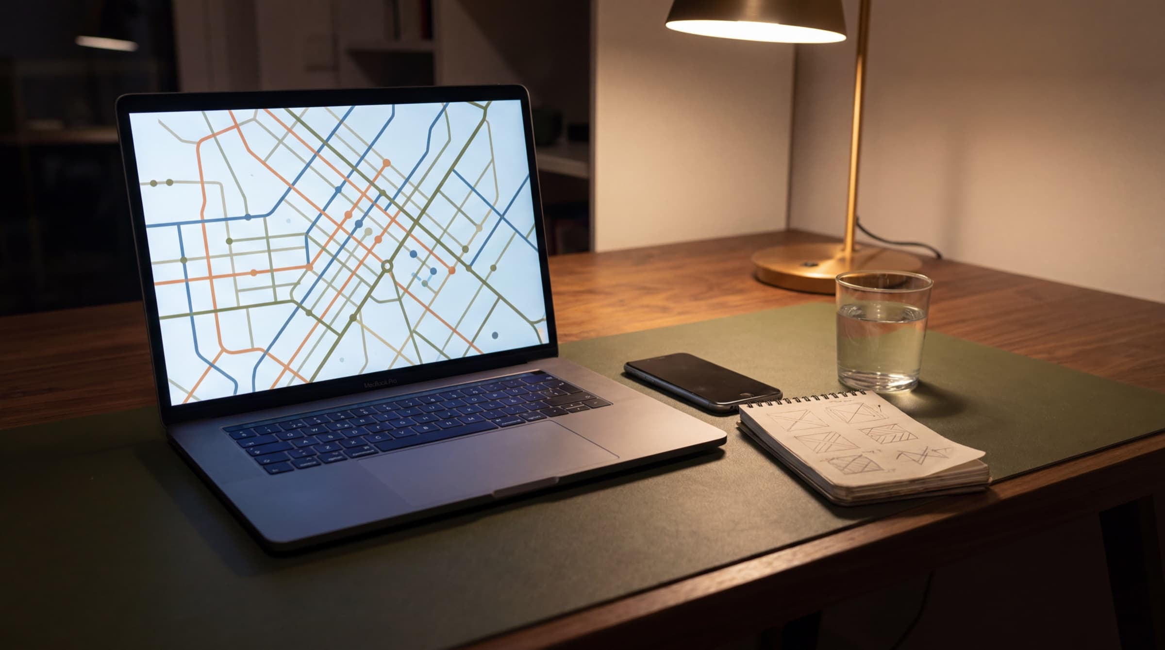 Laptop with abstract local map interface and dots for lead research.